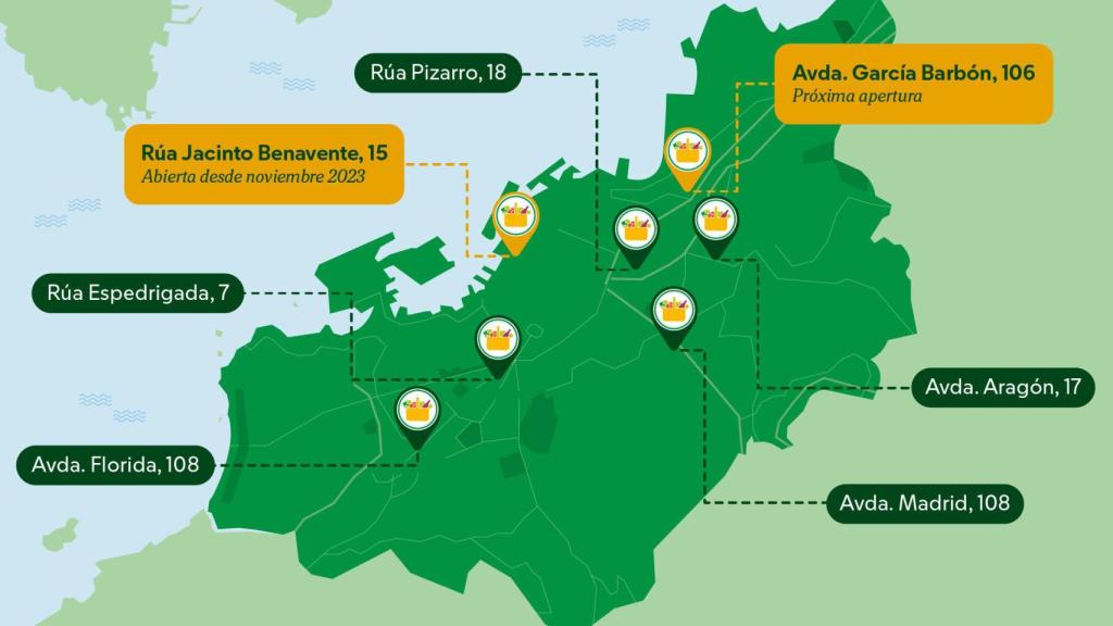 Mapa de tiendas de Mercadona en Vigo.