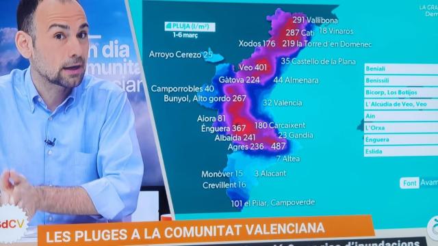 Mapa de lluvias en la región en eel programa Bon día Comunitat Valenciana, de À Punt, con los datos de AVAMET.