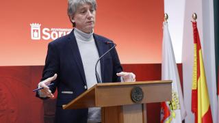 El secretario general del PSOE de Castilla y León, Carlos Martínez, durante su rueda de prensa de este viernes en Soria