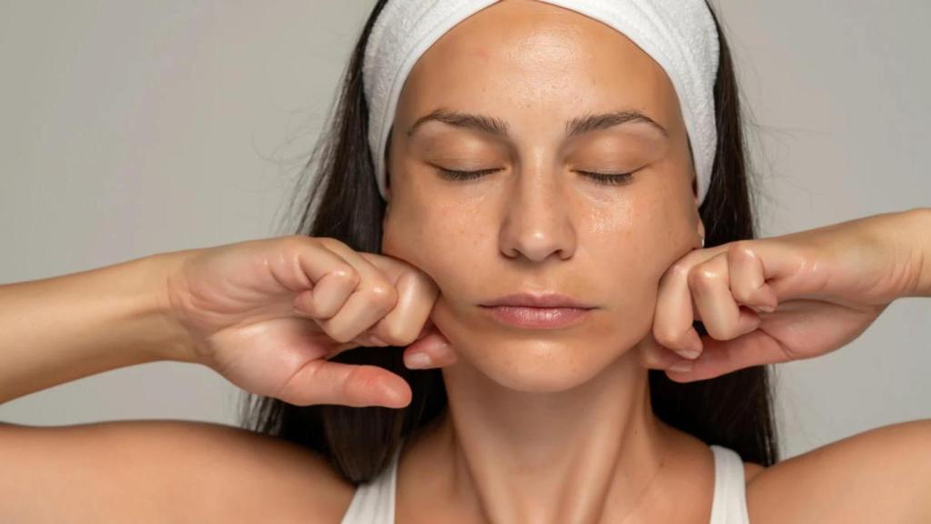 Una mujer practica yoga facial.