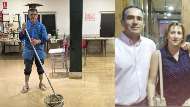 A la izquierda, Juan David Ruiz limpia el lodo del restaurante Déficit tras las lluvias en Lorca; y a la derecha, una foto de Jaime y Joaquina, vecinos de un barrio lorquino aislado por el desbordamiento de una rambla.