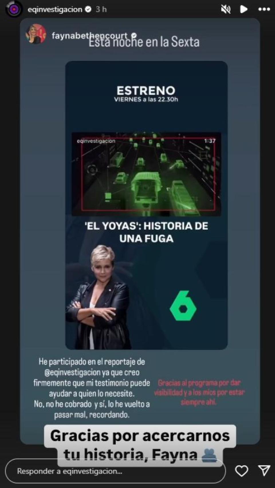 Pantallazo de la historia de 'Equipo de investigación' dando las gracias a la historia publicada por Fayna Bethencourt en Instagram.