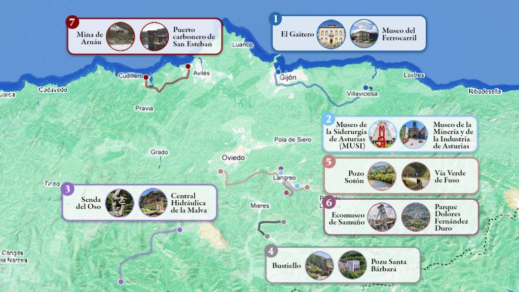 Mapa de Asturias con las siete rutas por el patrimonio industrial del Principado. Imagen: Turismo Asturias