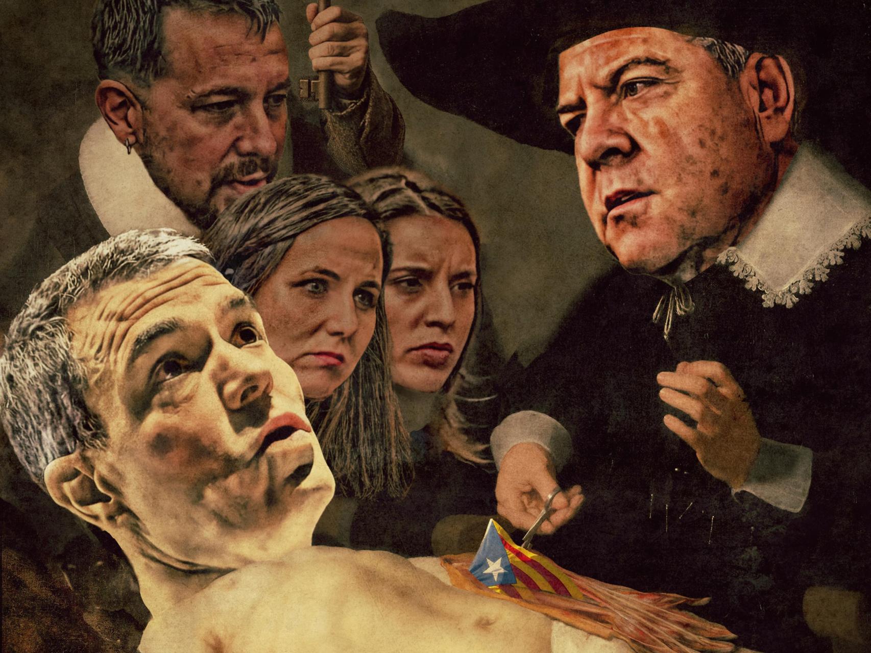 Recreación del cuadro 'Lección de anatomía', de Rembrandt, con Pedro Sánchez en el papel del muerto y Emiliano García-Page como el doctor  Tulp