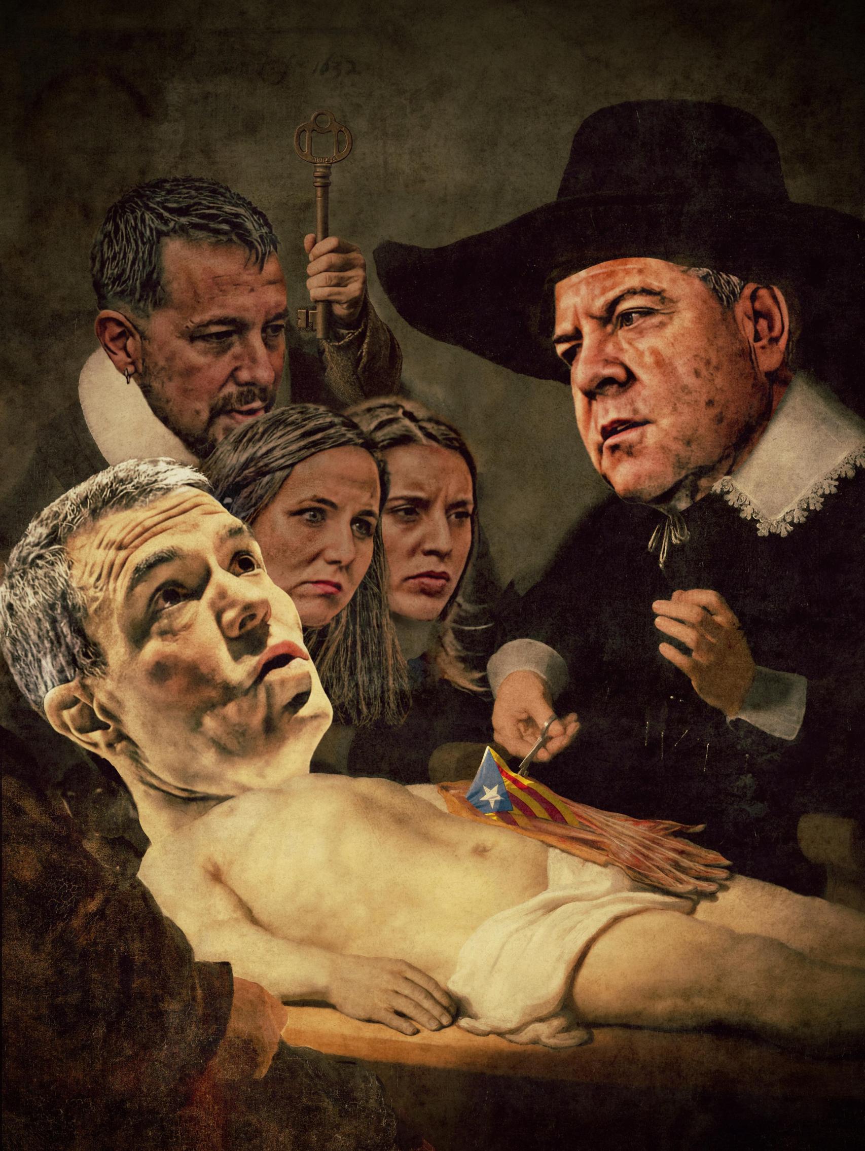 Recreación del cuadro 'Lección de anatomía', de Rembrandt, con Pedro Sánchez en el papel del muerto y Emiliano García-Page como el doctor  Tulp