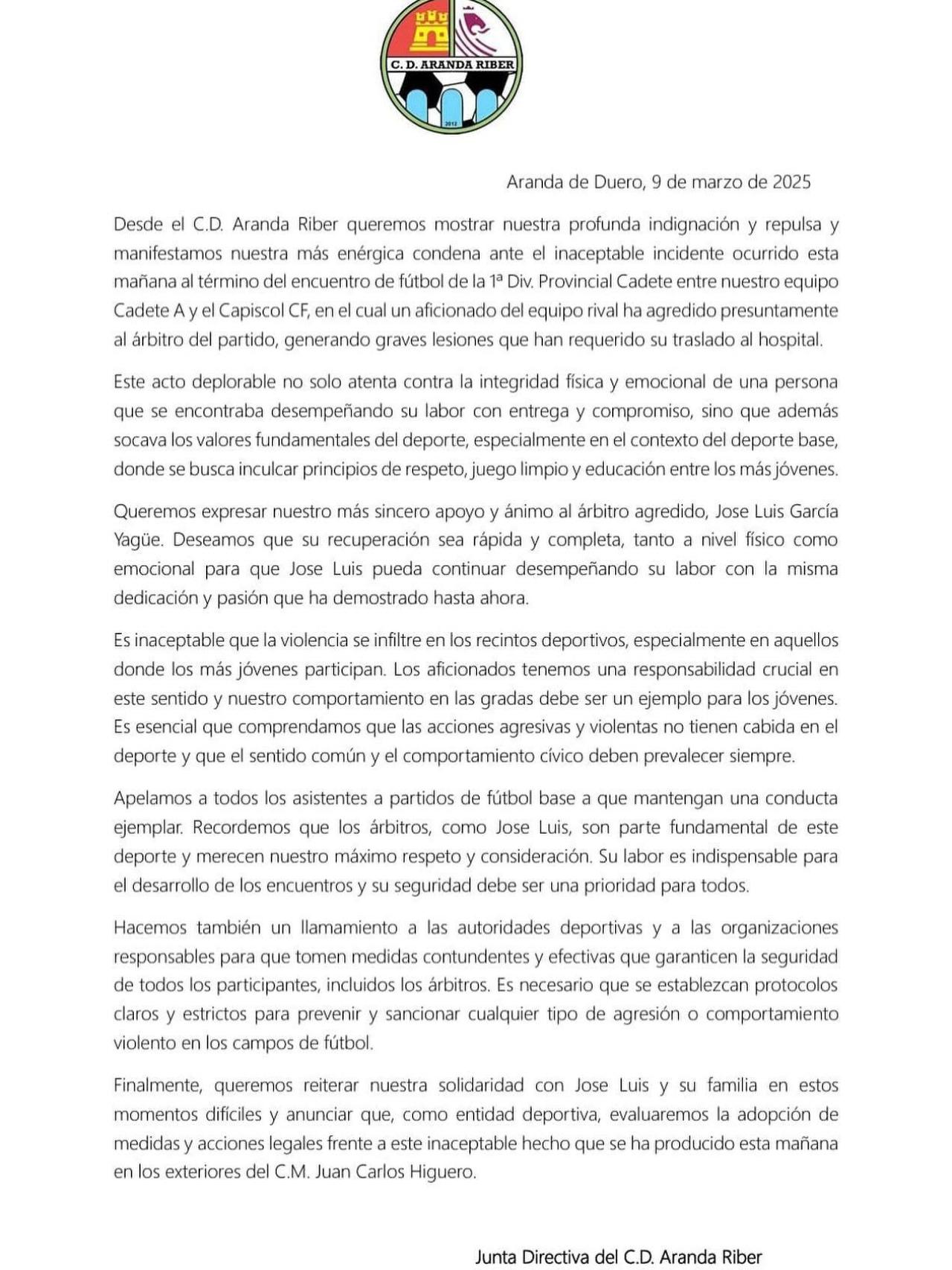 Comunicado del club local