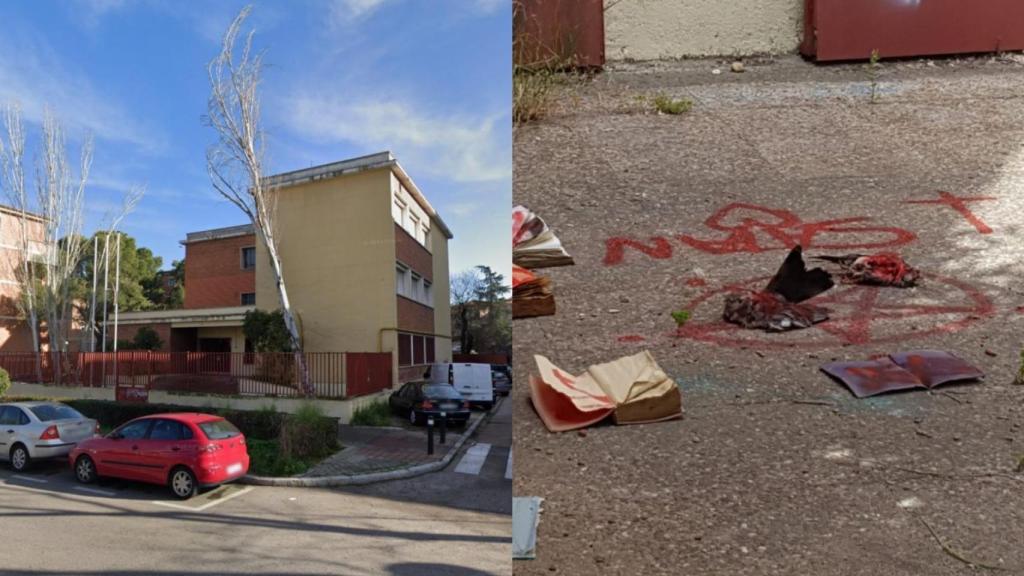 Edificio de Rafael Finat, 75, en Latina | Foto de un rito satánico en el interior de la parcela, según la denuncia vecinal publicada por la Guía de Aluche en mayo de 2021.
