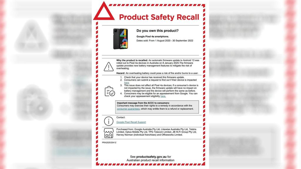 Comunicado de retirada del Pixel 4a de Google hecho por el gobierno australiano
