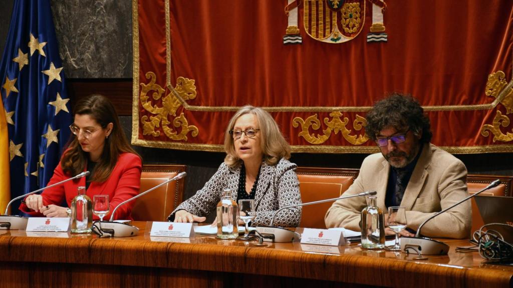 La presidenta de la Comisión de Igualdad del CGPJ, Gema Espinosa, junto a los vocales Lucía Avilés y Carlos Hugo Preciado, este lunes durante la presentación del informe./