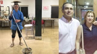 A la izquierda, Juan David Ruiz limpia el lodo del restaurante Déficit tras las lluvias en Lorca; y a la derecha, una foto de Jaime y Joaquina, vecinos de un barrio lorquino aislado por el desbordamiento de una rambla.