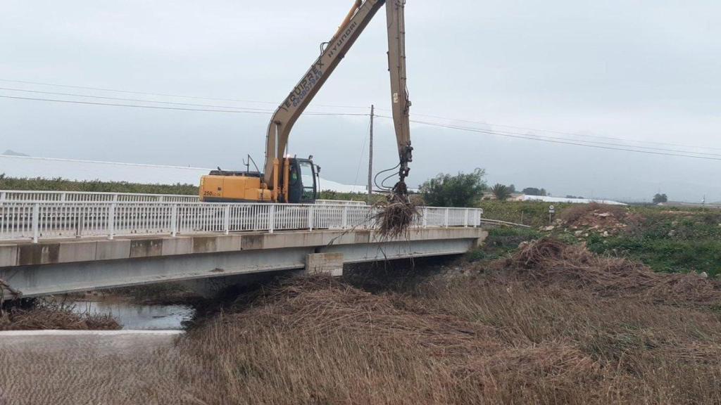 Una excavadora de la Confederación Hidrográfica del Segura retira restos vegetales de la Rambla del Albujón, el pasado martes.