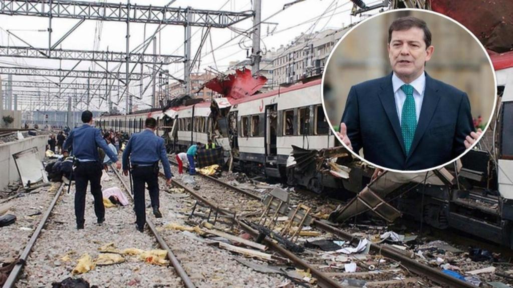 Imagen de uno de los trenes afectados por el atentado del 11M y el presidente de la Junta, Alfonso Fernández Mañueco, en un montaje de EL ESPAÑOL