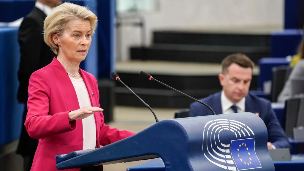 La presidenta Ursula von der Leyen, durante su discurso ante la Eurocámara este miércoles en Estrasburgo