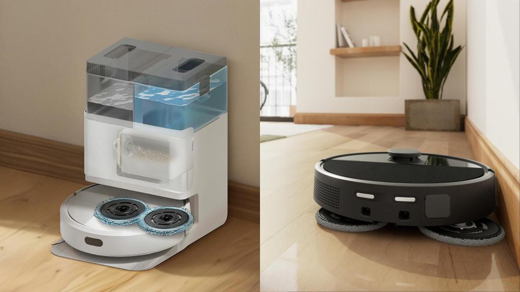 La Roomba Plus 405 Combo robot + base AutoWash (izqda) y Roomba Plus 505 Combo + base AutoWash (dcha).