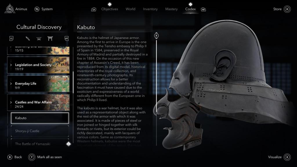 Entrada del códice en el que aparece el kabuto en 'Assassin's Creed Shadows'