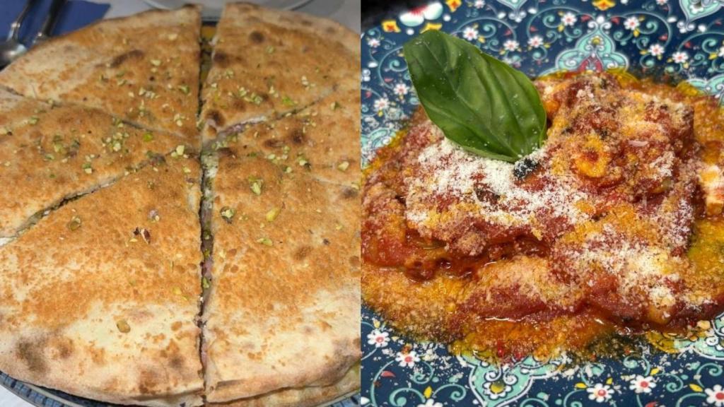 Pizzolo y plato de pasta de La Sicilia Bella.