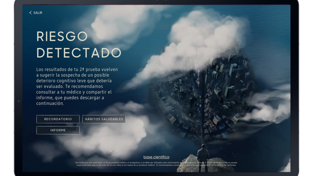 Pantalla de la aplicación 'The Mind Guardian' tras detectar riesgo de deterioro cognitivo.