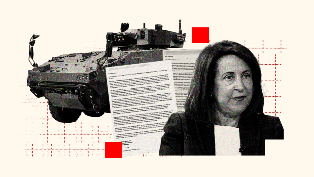 Montaje con la imagen de la ministra de Defensa, Margarita Robles, sobre la nueva licitación de un blindado de seis ruedas.