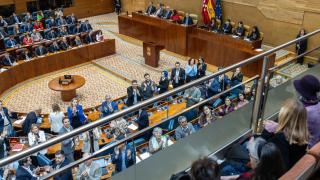 Las bancadas del PSOE y Más Madrid aplauden a un grupo de afectados por las muertes en las residencias de la CAM durante el Covid-19.