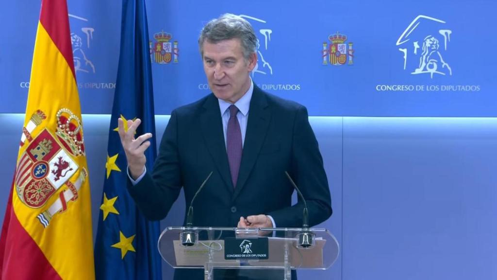 Alberto Núñez Feijóo, presidente del PP, en una rueda de prensa en el Congreso de los Diputados.