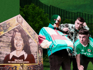 Elenco de 'Kneecap', mural de Bobby Sands. Diseño: Rubén Vique.