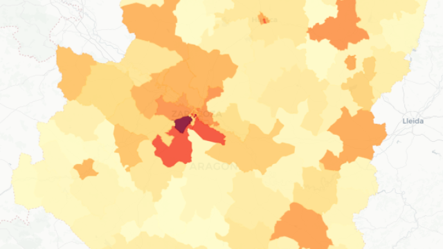 Mapa de las muertes por covid-19 en Aragón.