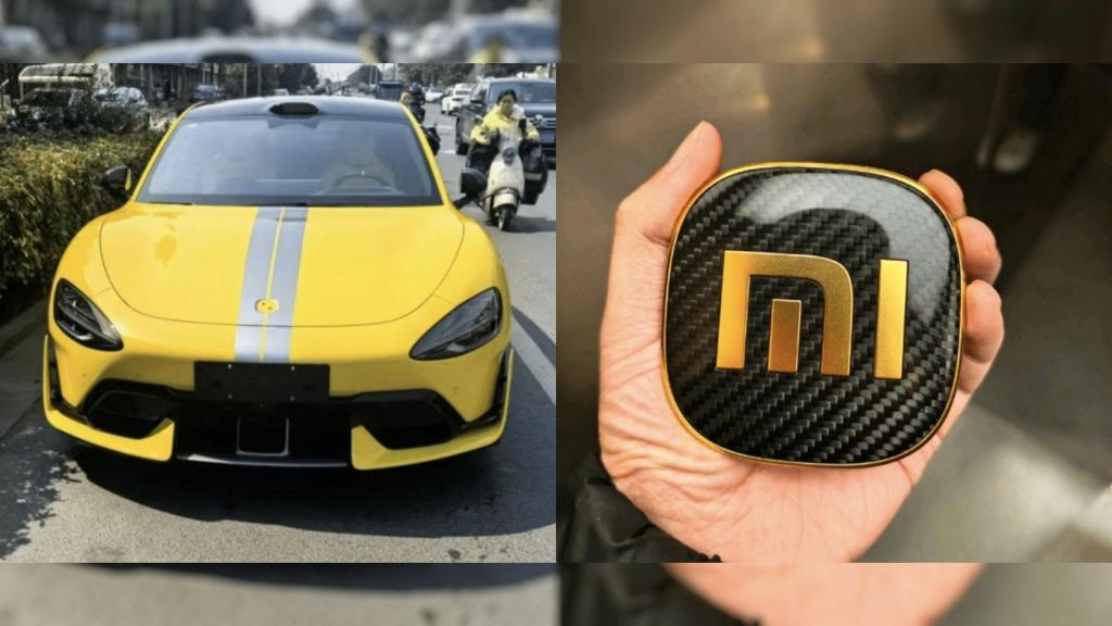 Un Xiaomi SU7 Ultra sin insignia (izq) y la insignia en cuestión (der)