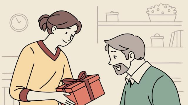 Ilustración de una mujer dándole un regalo a su padre