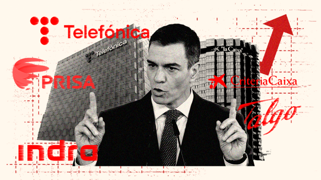 Pedro Sánchez, presidente del Gobierno, rodeado de logos de empresas.