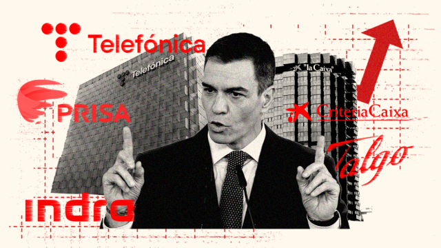 Pedro Sánchez, presidente del Gobierno, rodeado de logos de empresas.