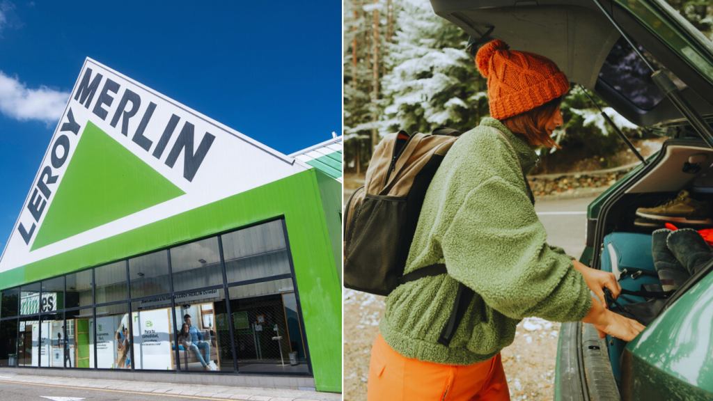 Centro Leroy Merlin y mujer abriendo el maletero durante un viaje en coche.