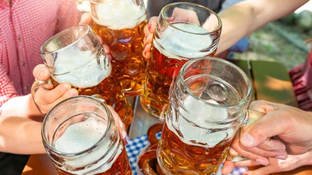 Amigos brindan con jarras de cerveza