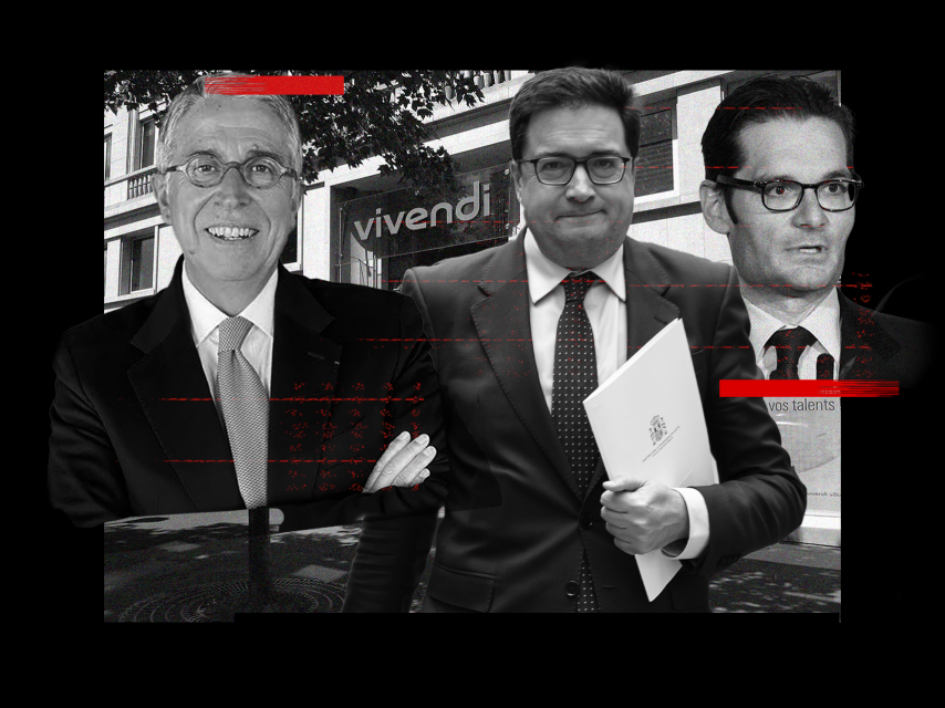Arnaud de Puyfontaine, CEO de Vivendi; el ministro Óscar López y Joseph Oughourlian, presidente de Prisa