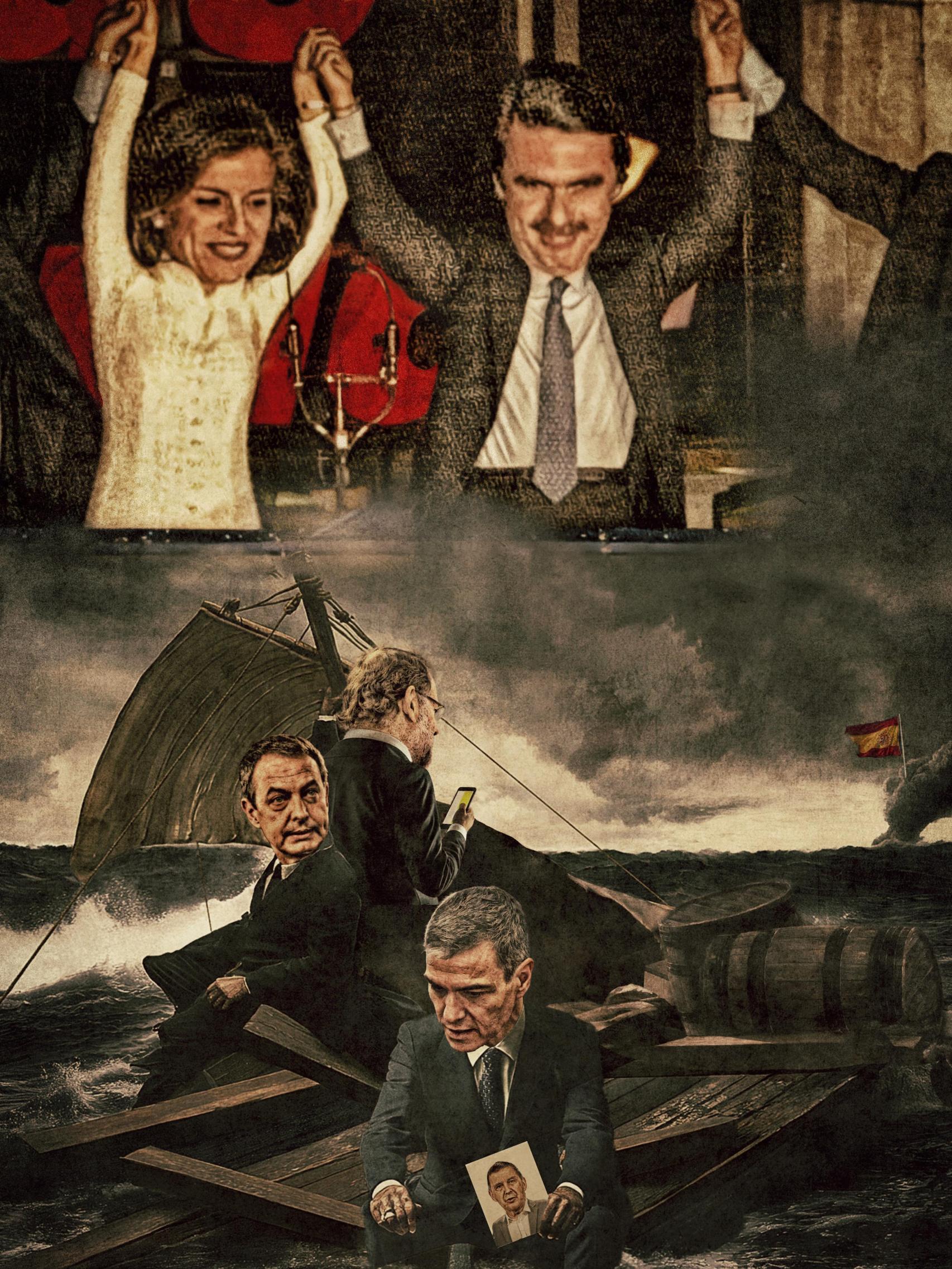 Arriba, recreación de Aznar en Génova celebrando su triunfo electoral; abajo, Rajoy, Zapatero y Sánchez en los restos de un barco hundido.