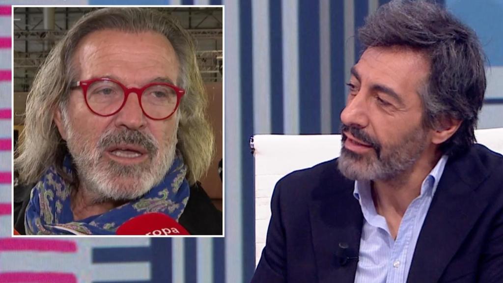 Pepe Navarro con un reportero en ARCO y Juan del Val en 'La Roca'.