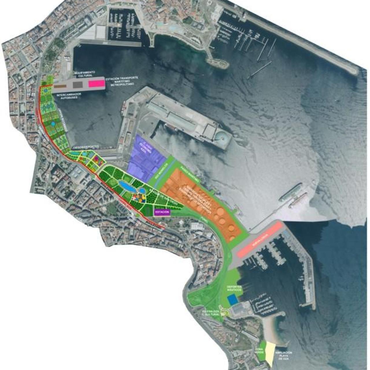 Mapa con zonas de usos en los muelles de A Coruña propuesto por los vecinos de Oza-Gaiteira-Os Castros.
