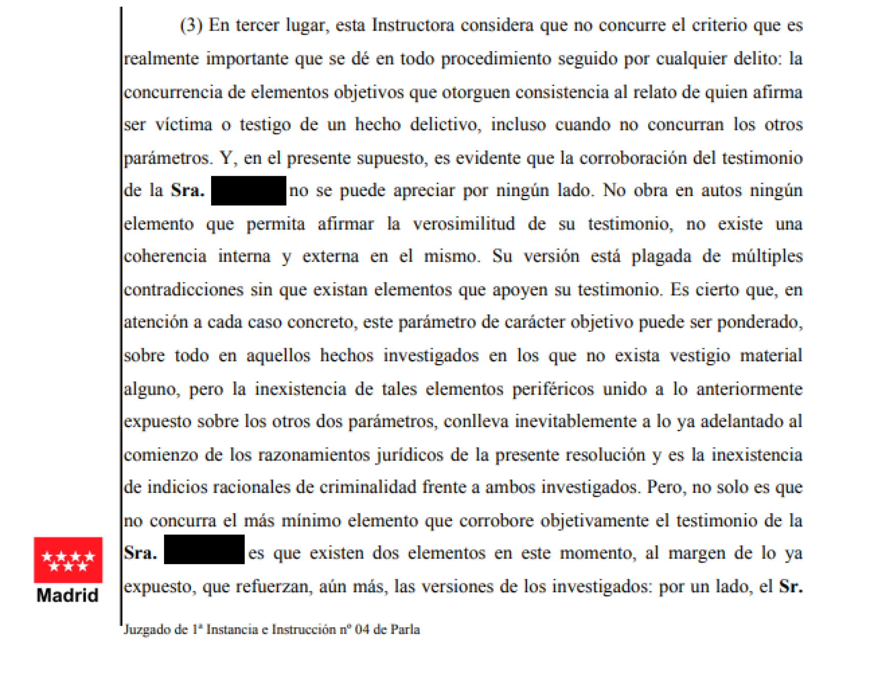 Fragmento de la resolución judicial que exculpa a Ballesta y al otro investigado.