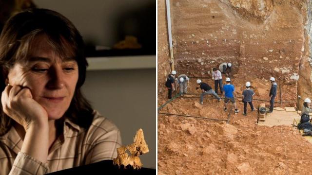 La investigadora Rosa Huguet y una excavación en el yacimiento de Atapuerca, en un montaje de EL ESPAÑOL