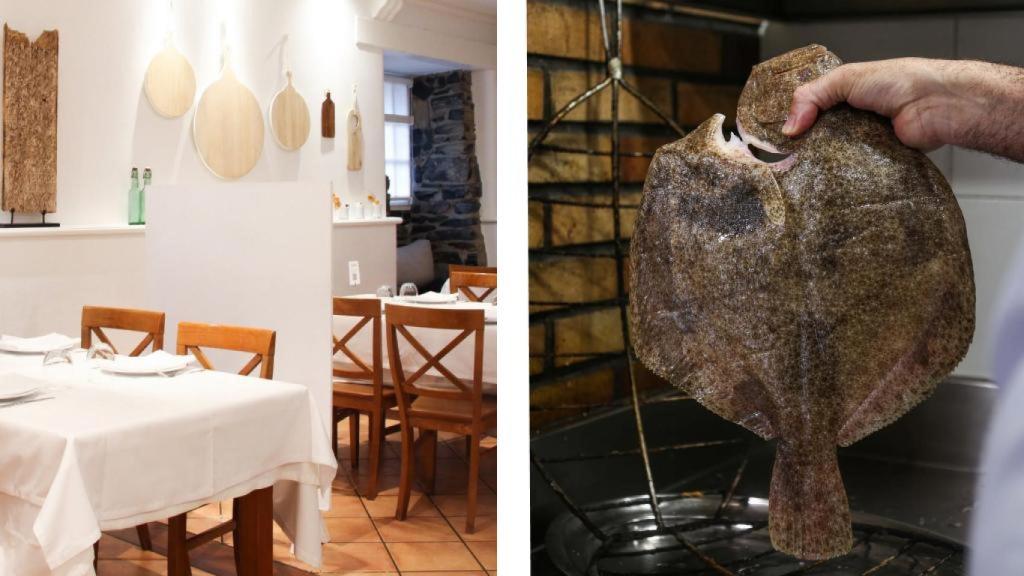 La sala de Iriarte Jatetxea y uno de los rodaballos que sueltan sobre la parrilla.