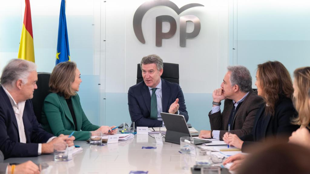 Alberto Núñez Feijóo, entre Esteban G. Pons, Cuca Gamarra, Carmen Fúnez y Elías Bendodo, este lunes en el Comité de Dirección del PP.