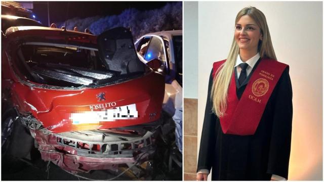 Patricia López, en la foto de su orla de su próxima graduación como titulada en Podología, junto al estado en el que quedó el Peugeot 207 que entró en sentido contrario por la Autovía del Noroeste el pasado sábado.