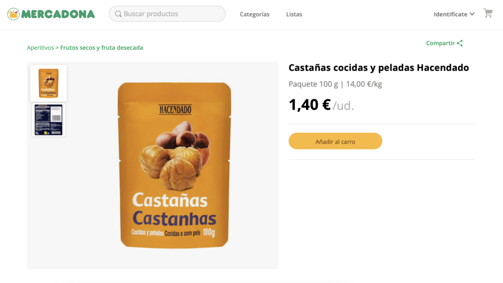 Castañas cocidas y peladas Hacendado.