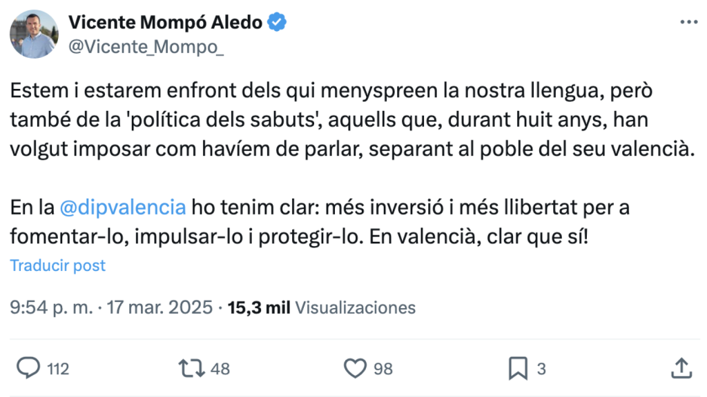 Mensaje de Mompó en X. EE