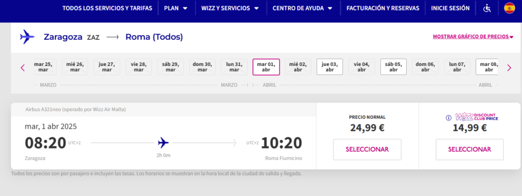 Billete a Roma desde Zaragoza, Wizz Air.