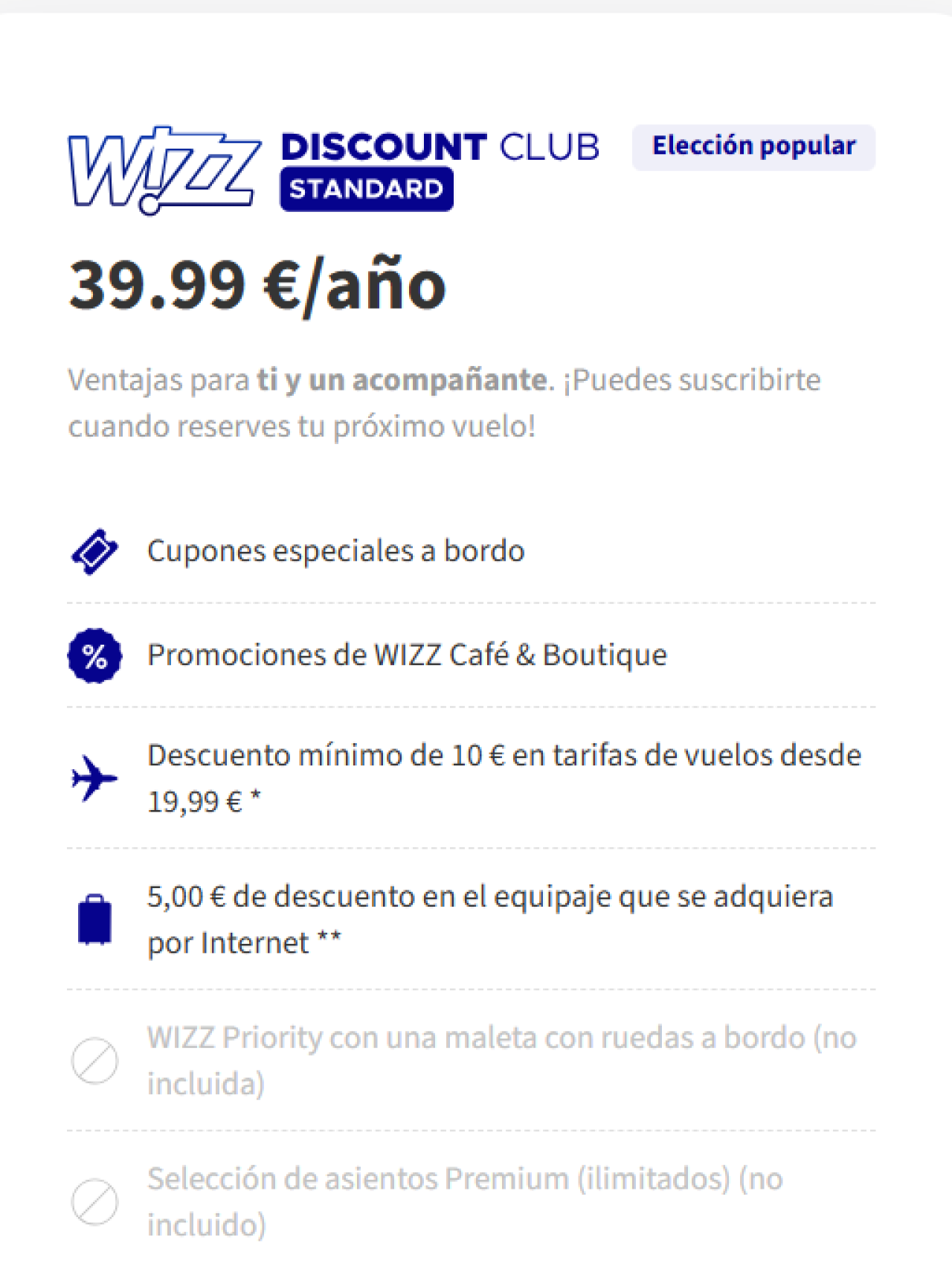 Suscripción Wizz Discount Club Standard.