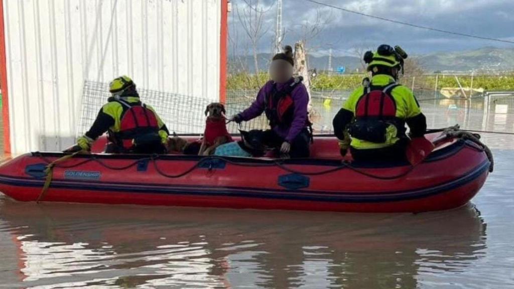 Una mujer y un perro siendo rescatados en Cartama.