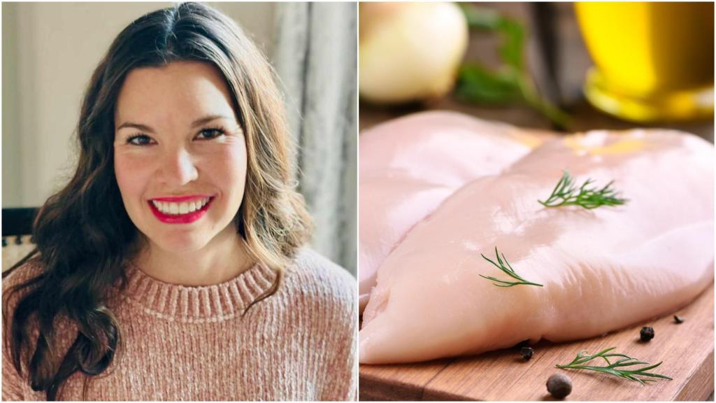 Montaje con una imagen de la dietista Katie Drakford junto a unas pechugas de pollo.