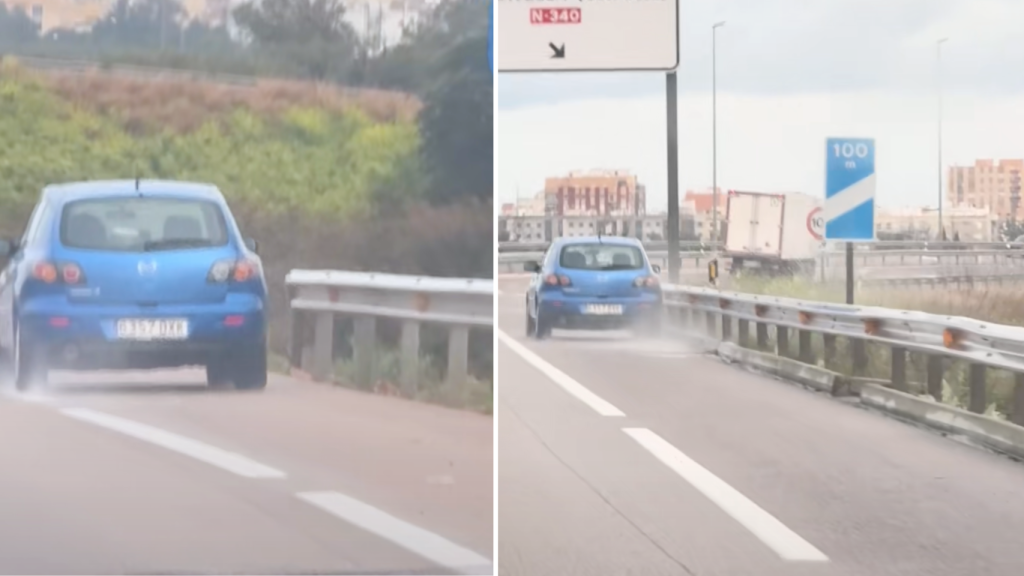 Conductor grabado conduciendo por el arcén y de lado a lado de la carretera en la A7.