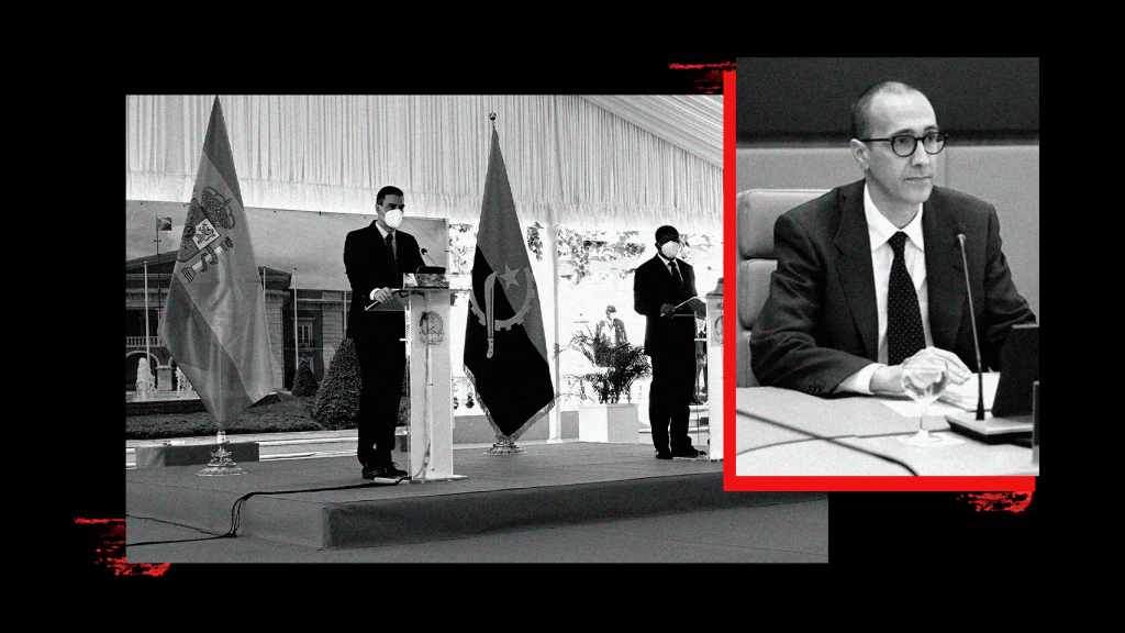 Pedro Sánchez, presidente del Gobierno, y Joao Manuel Gonçalves Lourenço, presidente de Angola, con Iñigo Rotaeche en un fotomontaje.