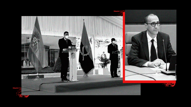 Pedro Sánchez, presidente del Gobierno, y Joao Manuel Gonçalves Lourenço, presidente de Angola, con Iñigo Rotaeche en un fotomontaje.